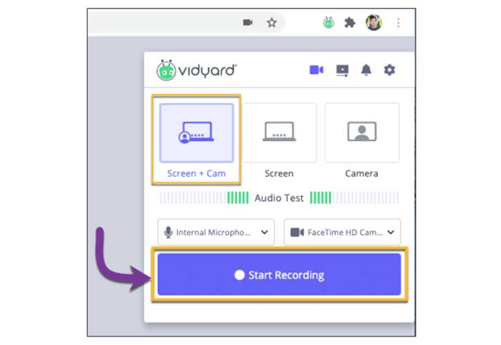 A screenshot showing how to screen record using Vidyard Chrome Extension.