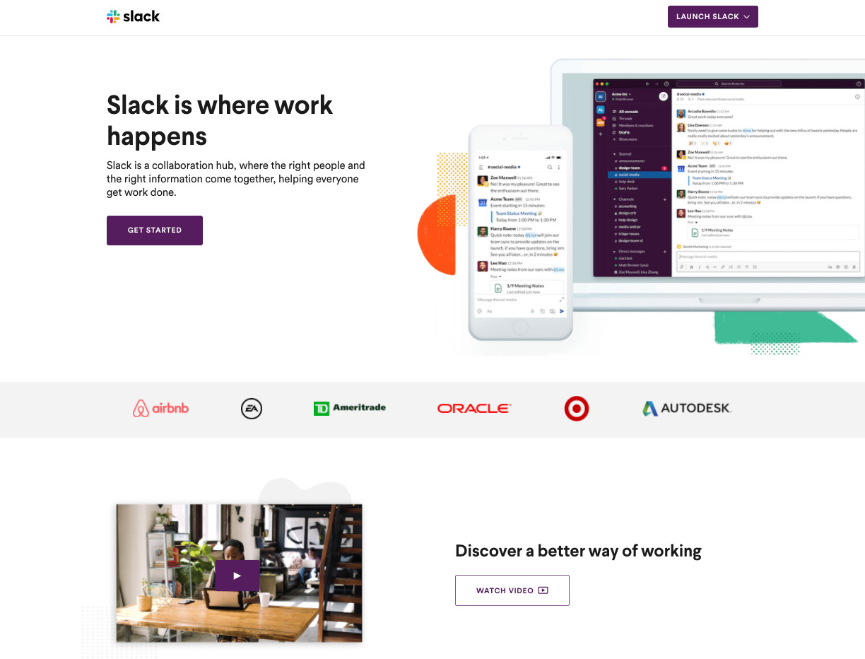 a video landing page example from Slack