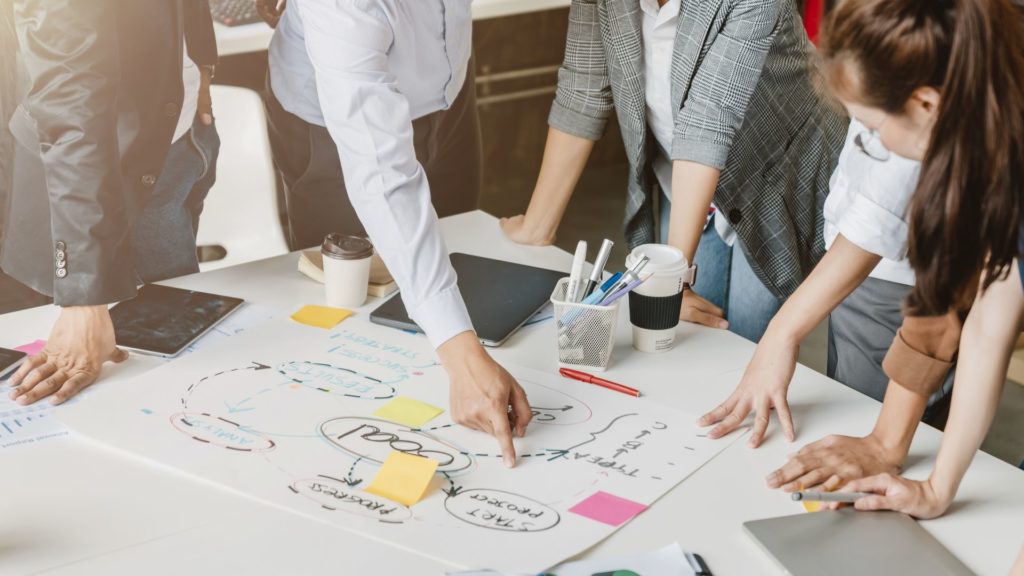 a marketing team plans a video marketing strategy using post-it notes