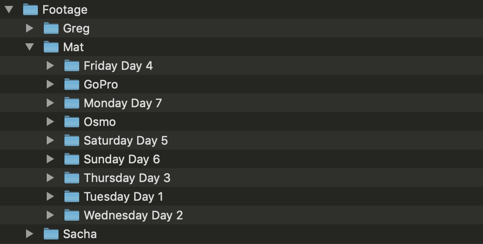 screenshot showing folder structure for a documentary production