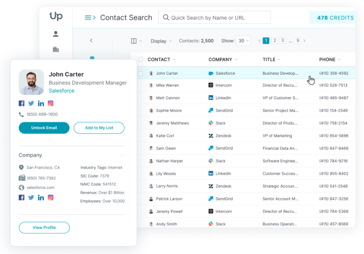 A screencap of UpLead's sales prospecting tools.