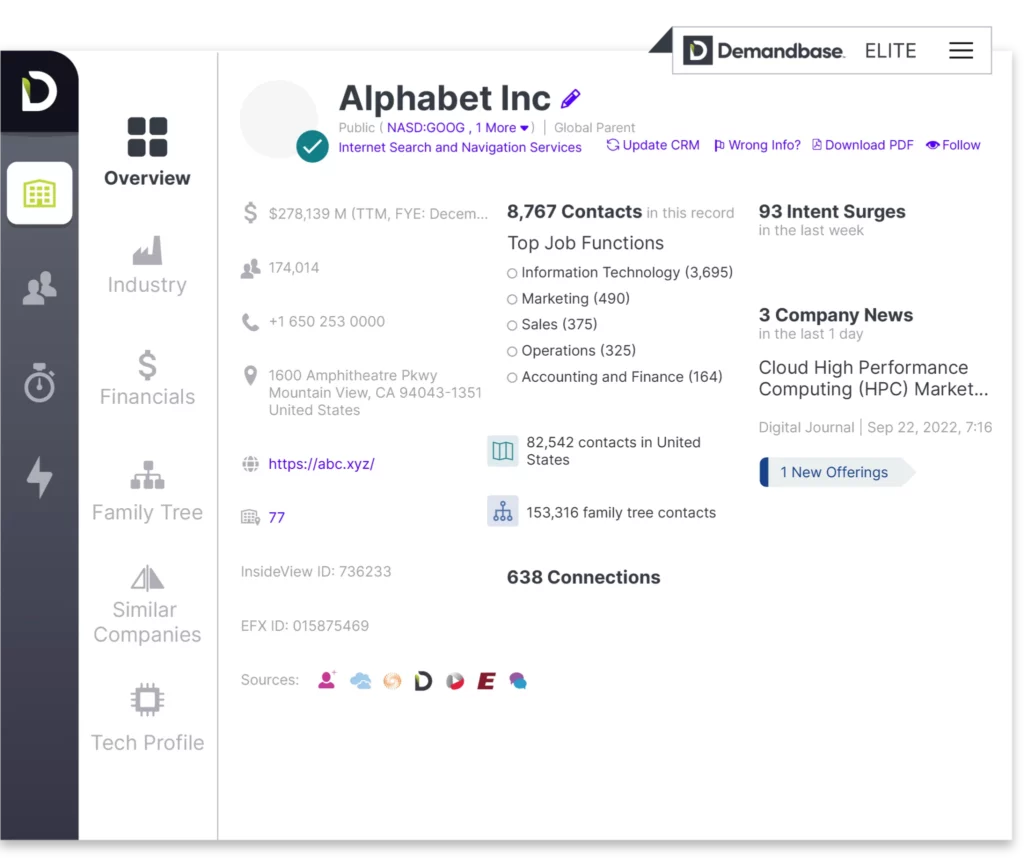 A screencap of Demandbase's sales prospecting tools.