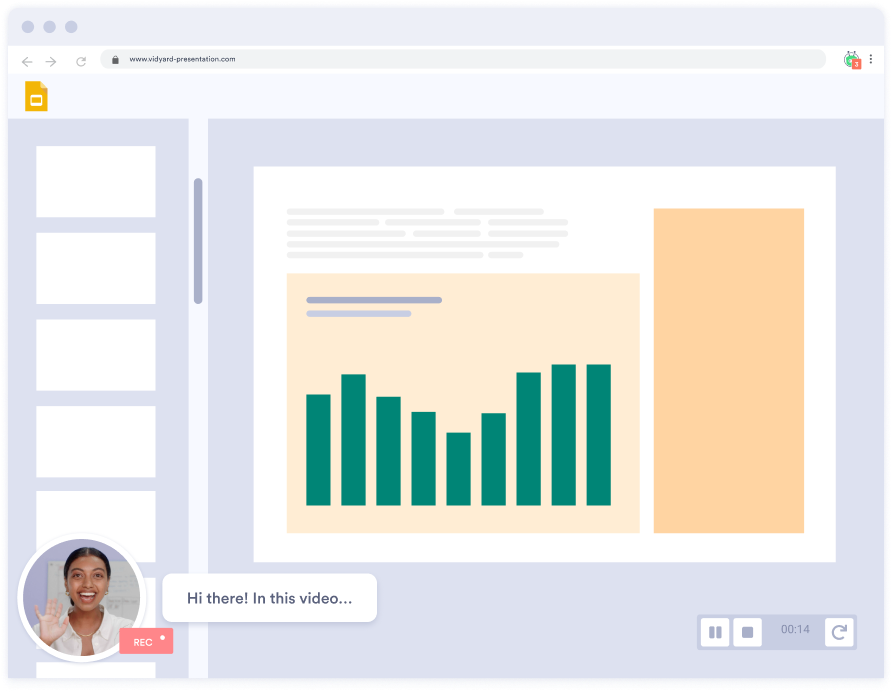 An example of a Vidyard Screen + Cam video showing a smiling sales person in the bottom corner over a presentation of a chart