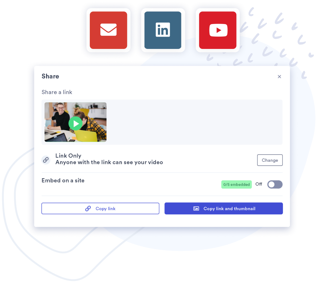 Vidyard videos can be shared via embed, email, LinkedIn, YouTube, and much more.